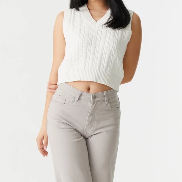 Cropped Cable Knit Vest LOT V Neck Sweater Vintage Y2K Retro XL White Green Crop - Picture 3 of 7